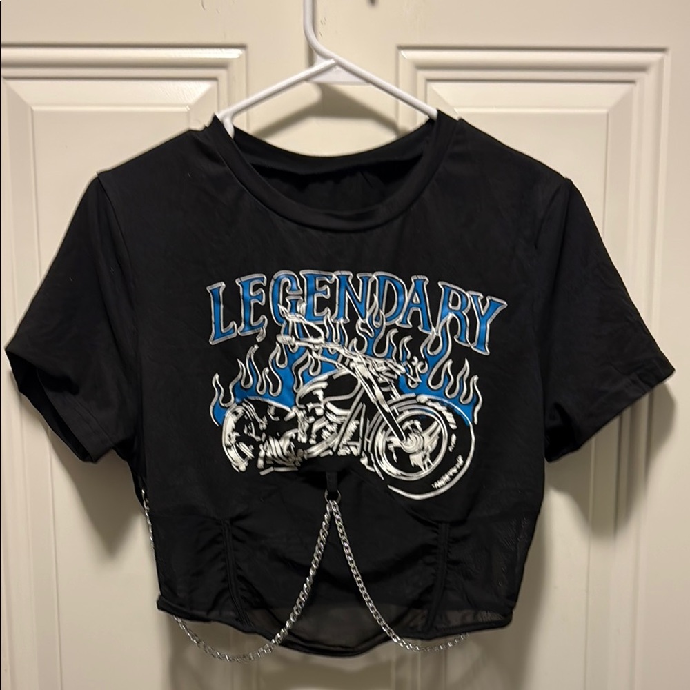 SHEIN Black Graphic Crop Top with Blue Accents